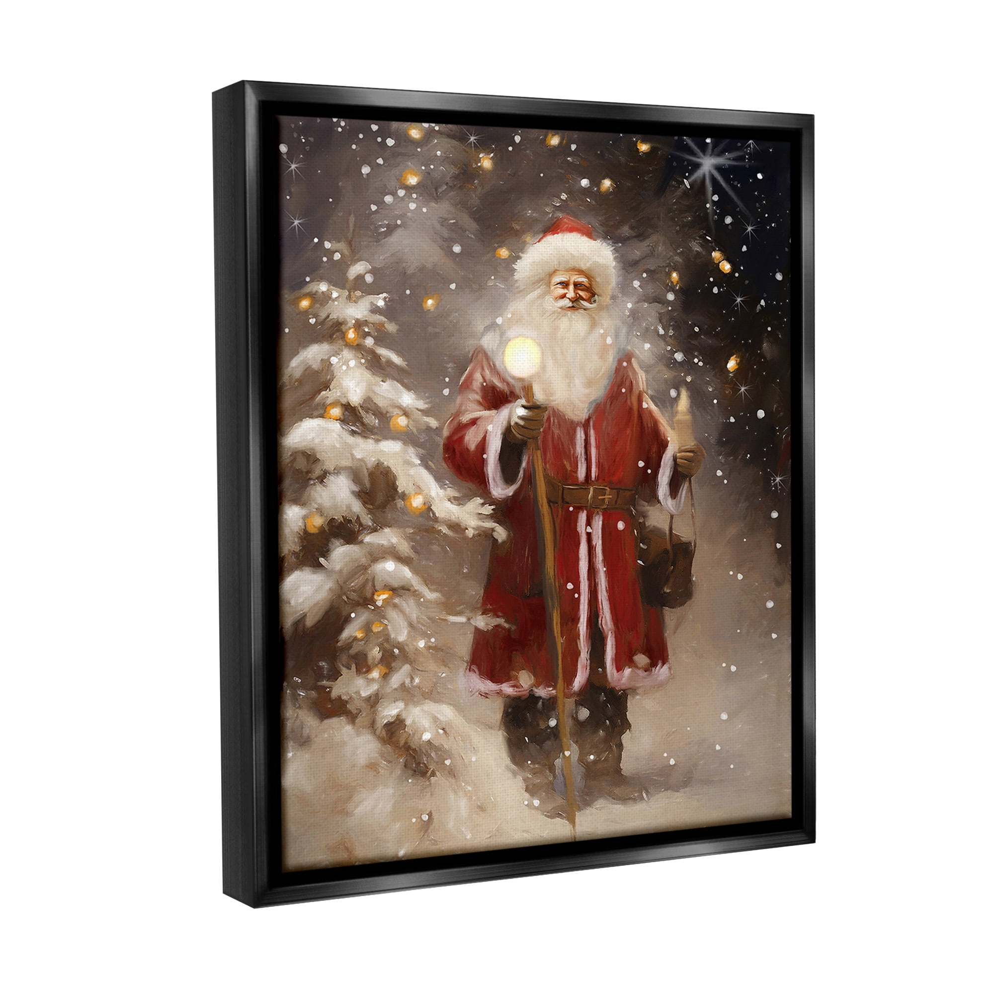 Stupell Industries Santa in Snowy Night Scene Holiday Painting Black Floater Framed Canvas Art Print Wall Art, 25 x 31
