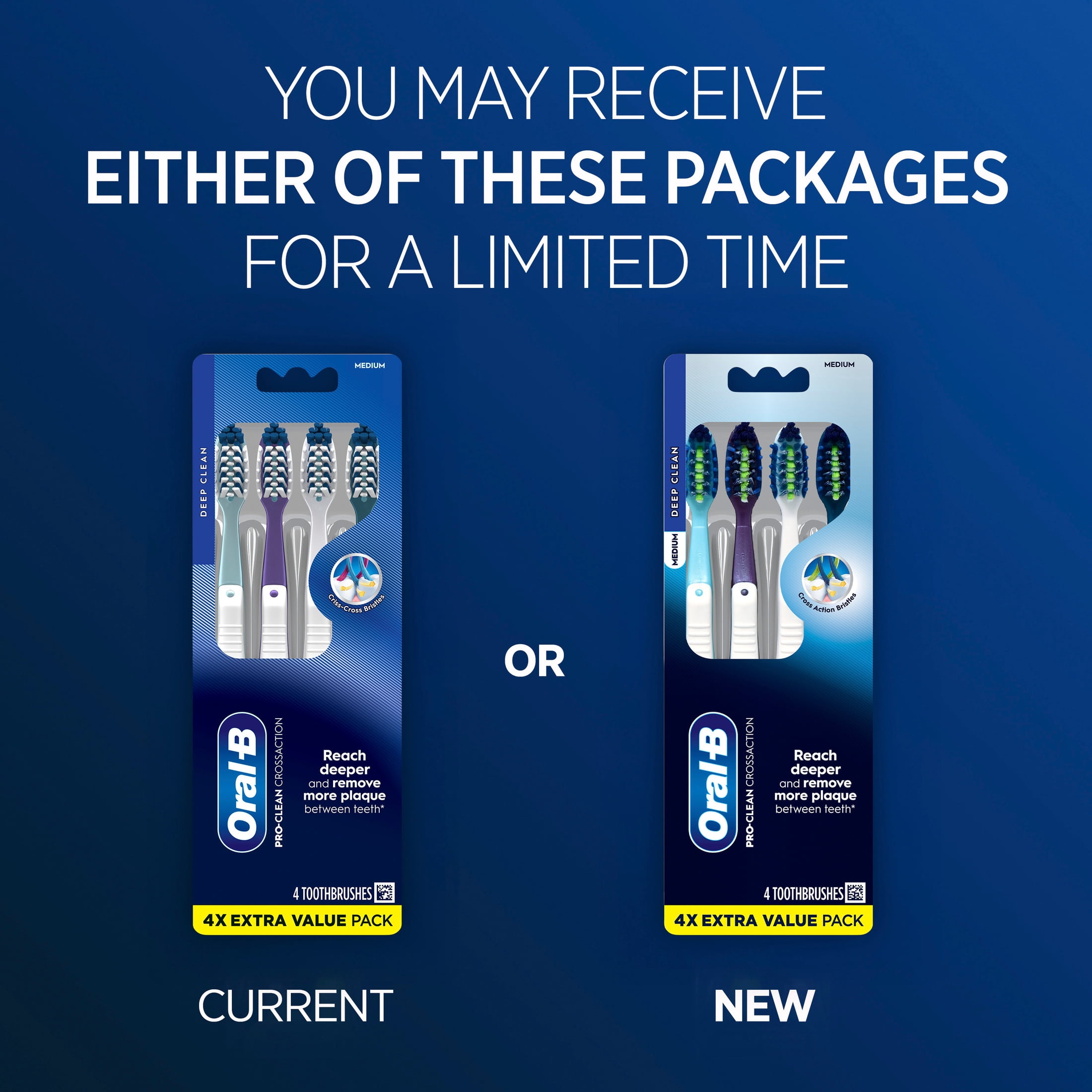 Oral-B Toothbrush, Pro Clean Cross Action, Deep Plaque Removal, Medium, 4 Count