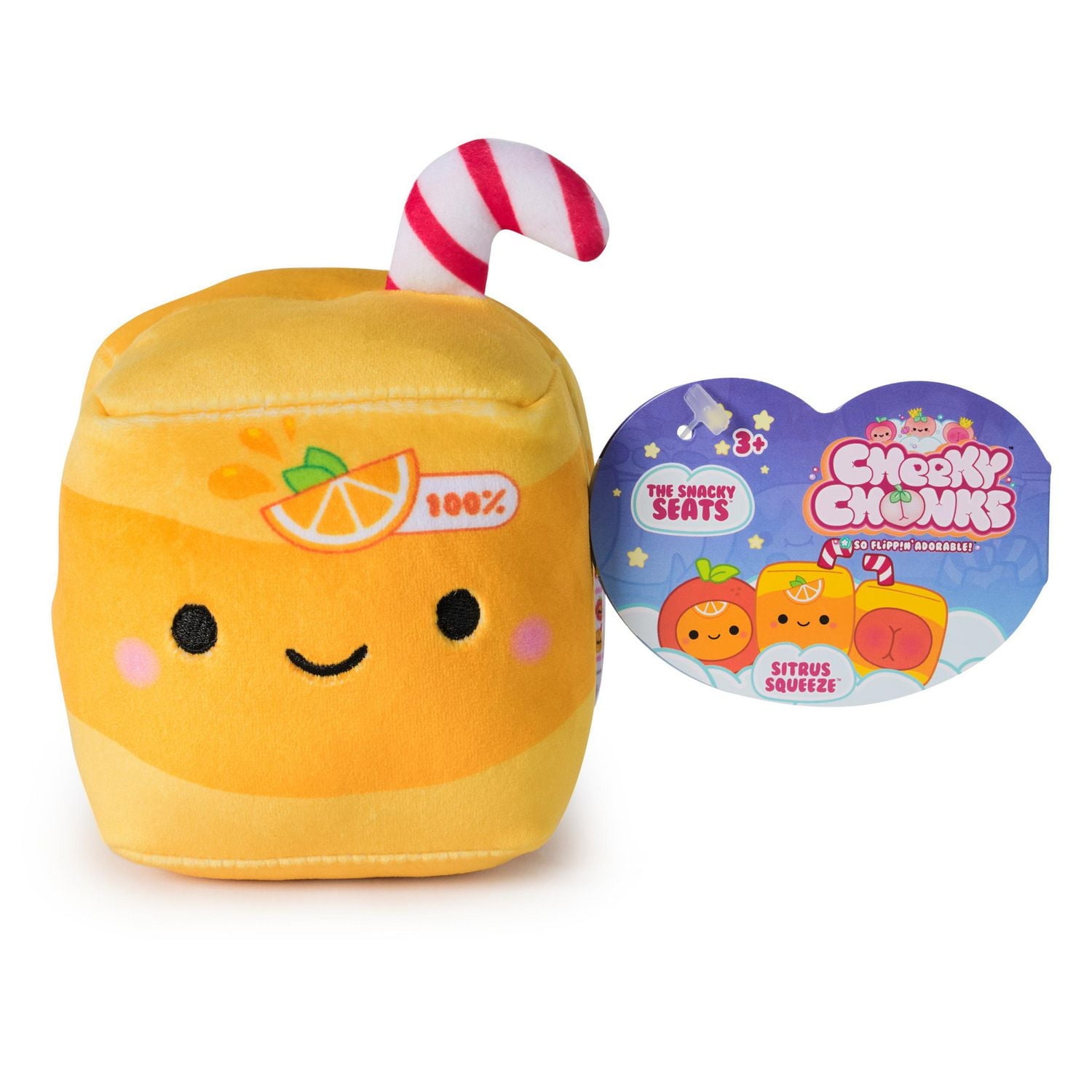 Cheeky Chonks Sitrus Squeeze Reversible Plush, Food Plushies, Juice Box Plush, Orange Juice Stuffed Animal Plush Toy for Ages 3 and Up, Orange, 4.5”