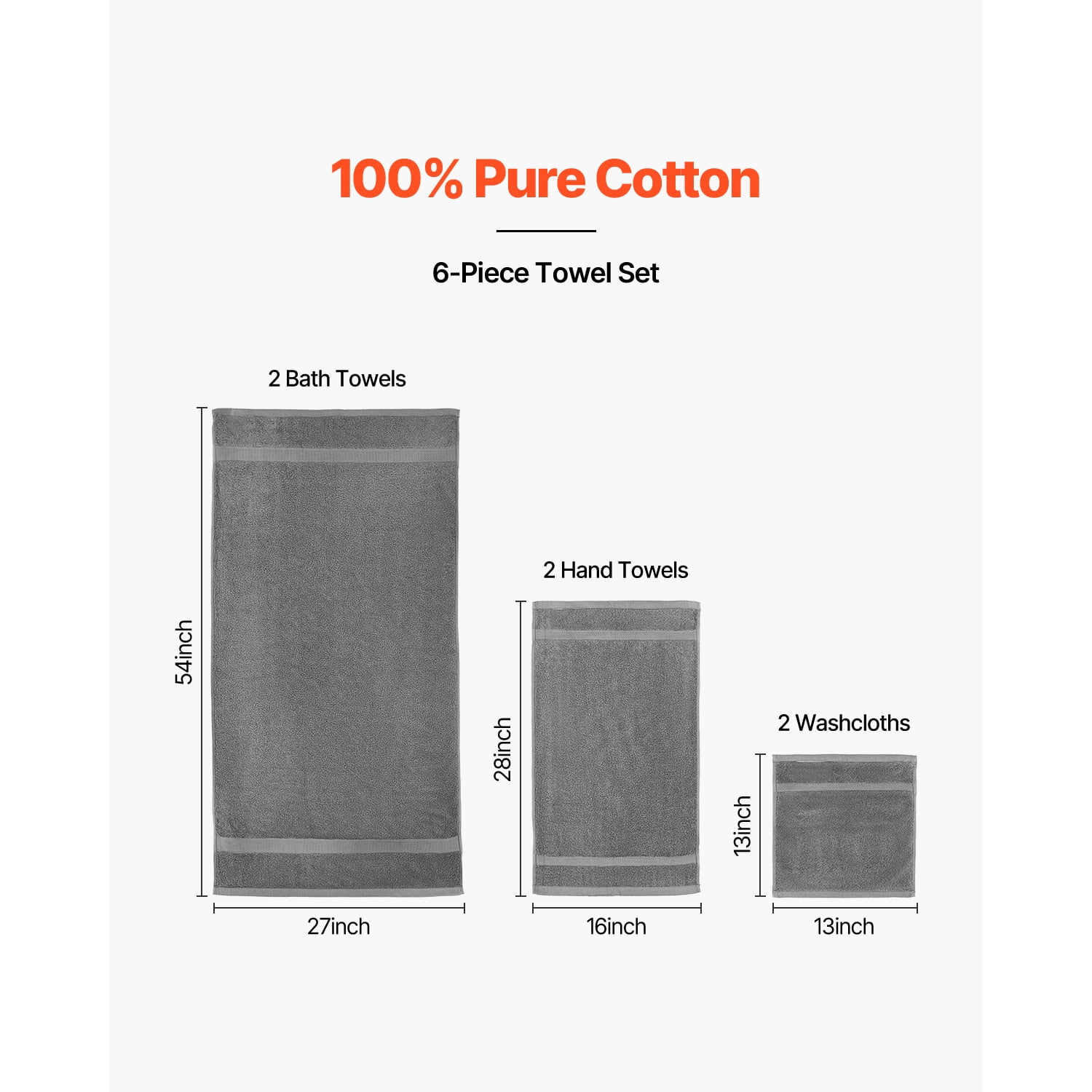 KFFKFF 6-Piece Cotton Towel Set, 600 GSM Towels for Bathroom, Includes 2 Bath Towels, 2 Hand Towels, and 2 Washcloths, Absorbent and Fast-Drying Towels for Home, Gym, Hotel, and Spa