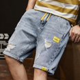 thumbnail image 5 of Pantalones cortos de mezclilla ajustados con gráficos rotos para hombre, pantalones vaqueros cortos ajustados multicolor para hombre, tendencia de diseñador de lujo 2024, ropa de calle retro Y2k, 5 of 5