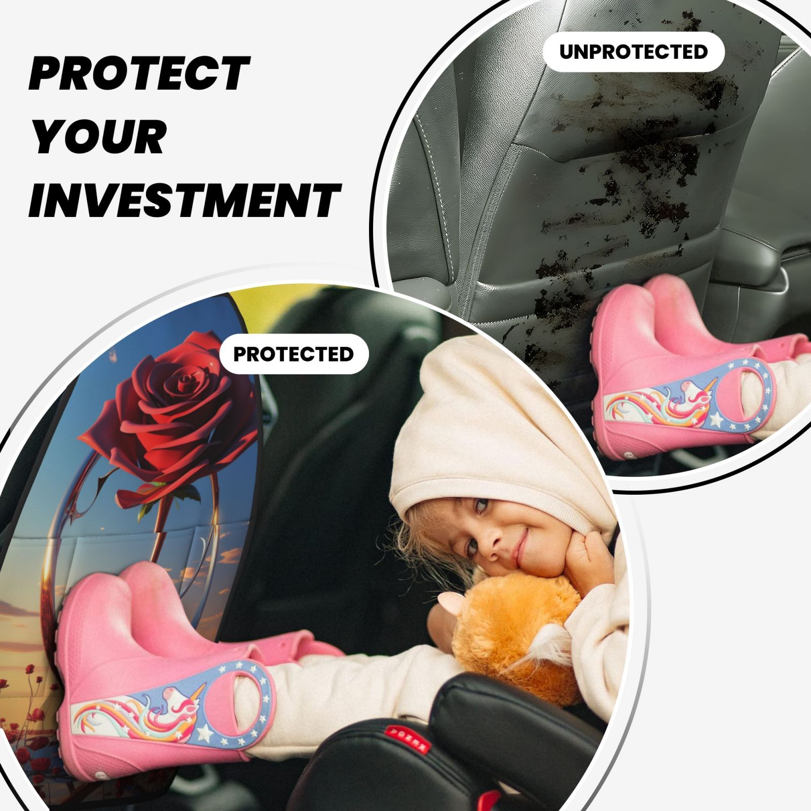 Xecao Sunset Rose Elegance Pattern Car Seat Back Protector 2 Pack Large Capacity Pocket, Kick Mats Back Seat Protector