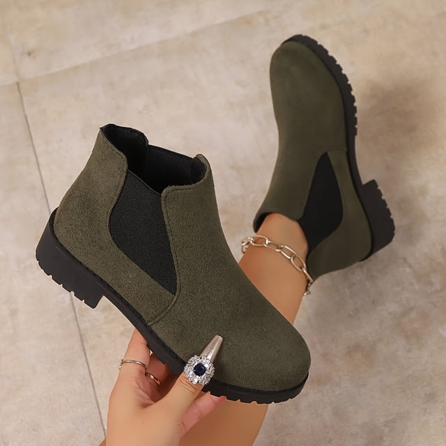 Willtoo Bottines pour Femmes à Talons Bas Épais, à Enfiler, Élastiques, Bottines Courtes d'Automne pour Femmes, Bout Rond, Décontractées, en Suède Uni, Bottillons Confortables, Extérieur, Antidérapantes, Randonnée, Équitation, Bottes de Marche, Chaussures