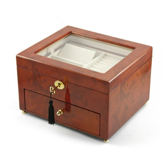 Classic Wood Tone Glass Panel 36 Note Music Jewelry Box - Minuet, Mozart & Minuet, Boccherini