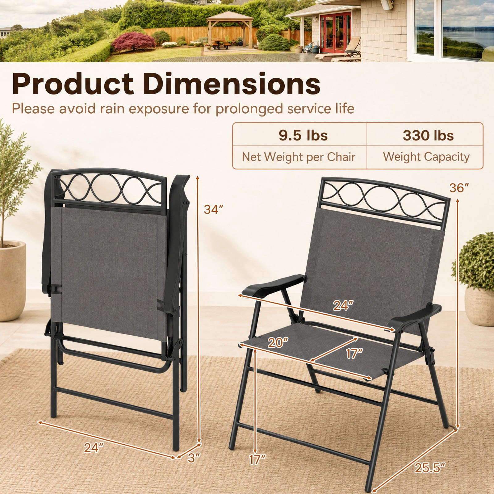 Furnibear Patio Folding Dining Chairs Set of 4 with Armrests and Padded Fabric Seat for Outdoor and Indoor Kitchen Dining, Gray
