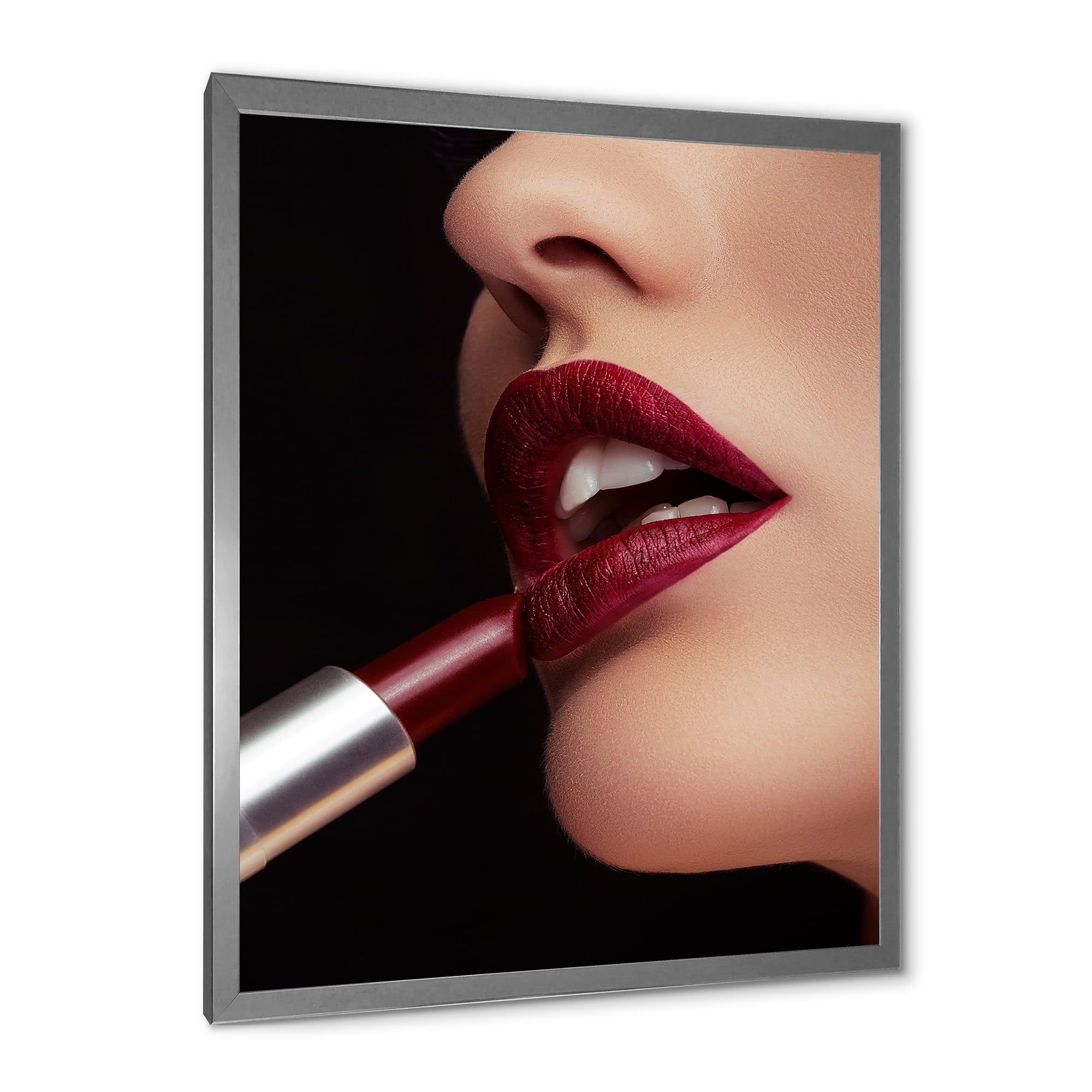 Designart 'Woman Applying Red Lipstick On Lips I' Modern Framed Art Print