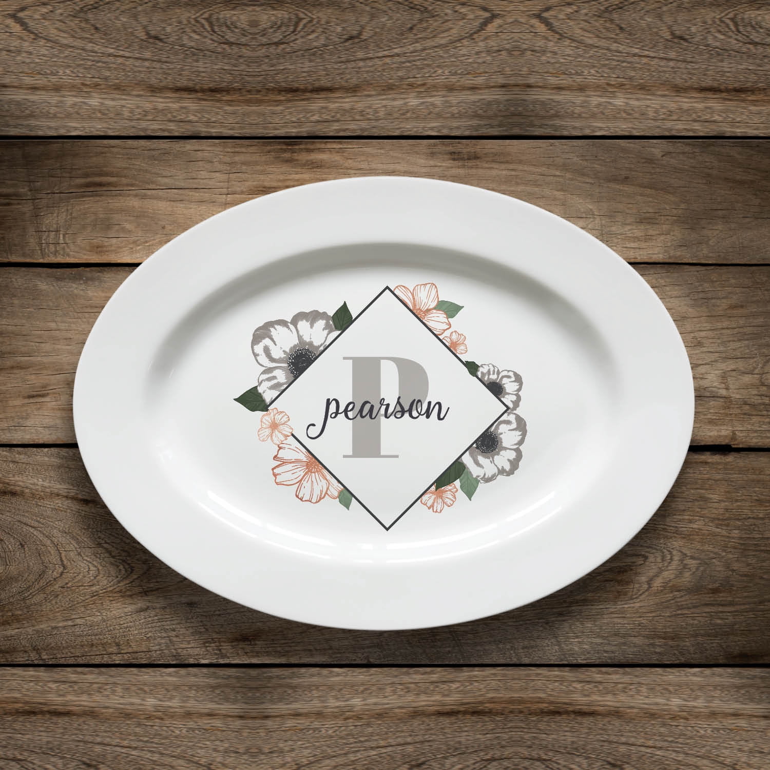 Personalized Name and Initial Floral Ceramic Platter