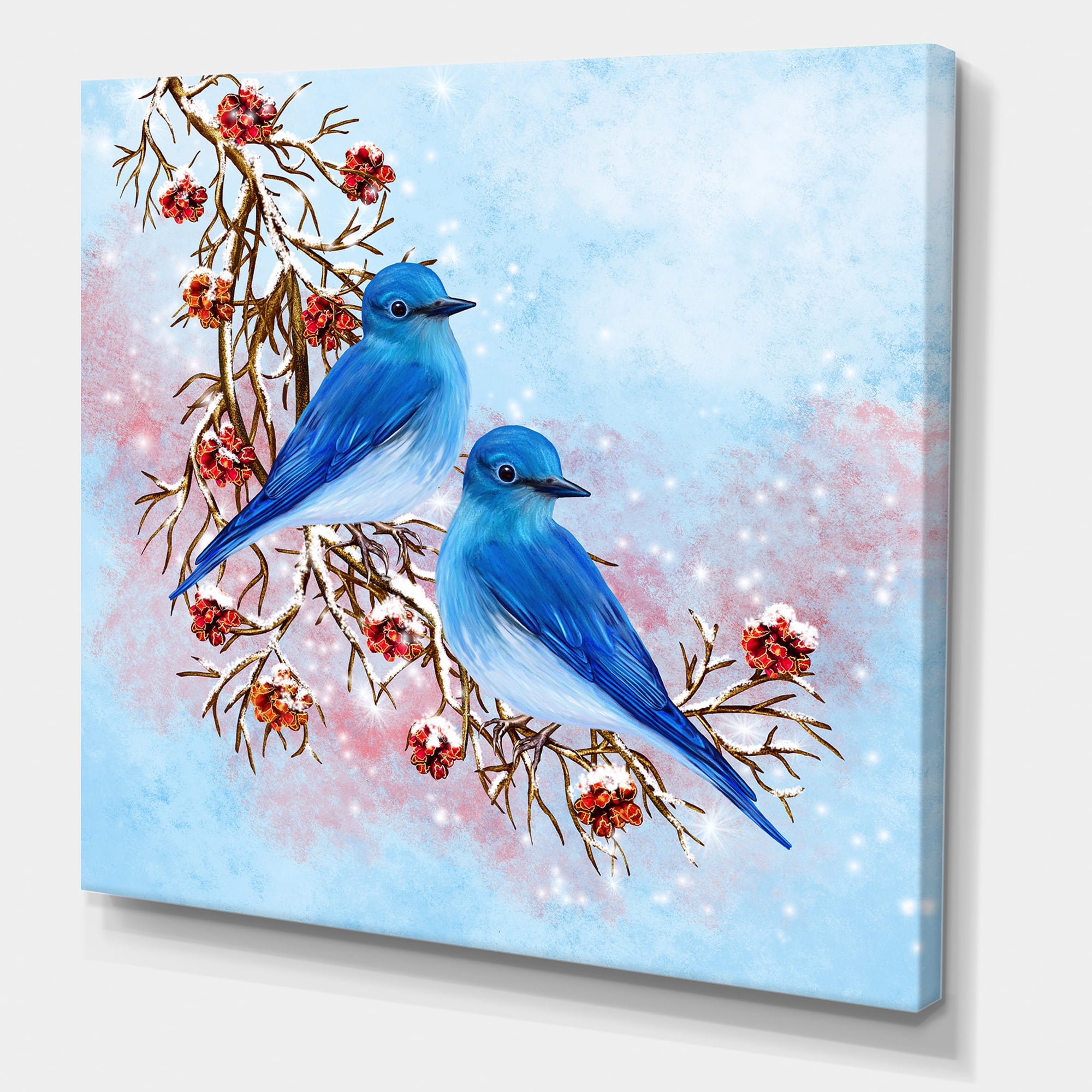 Designart ' Two Blue Birds Sitting On A Branch With Berries In Winter ' Traditional Canvas Wall Art Print