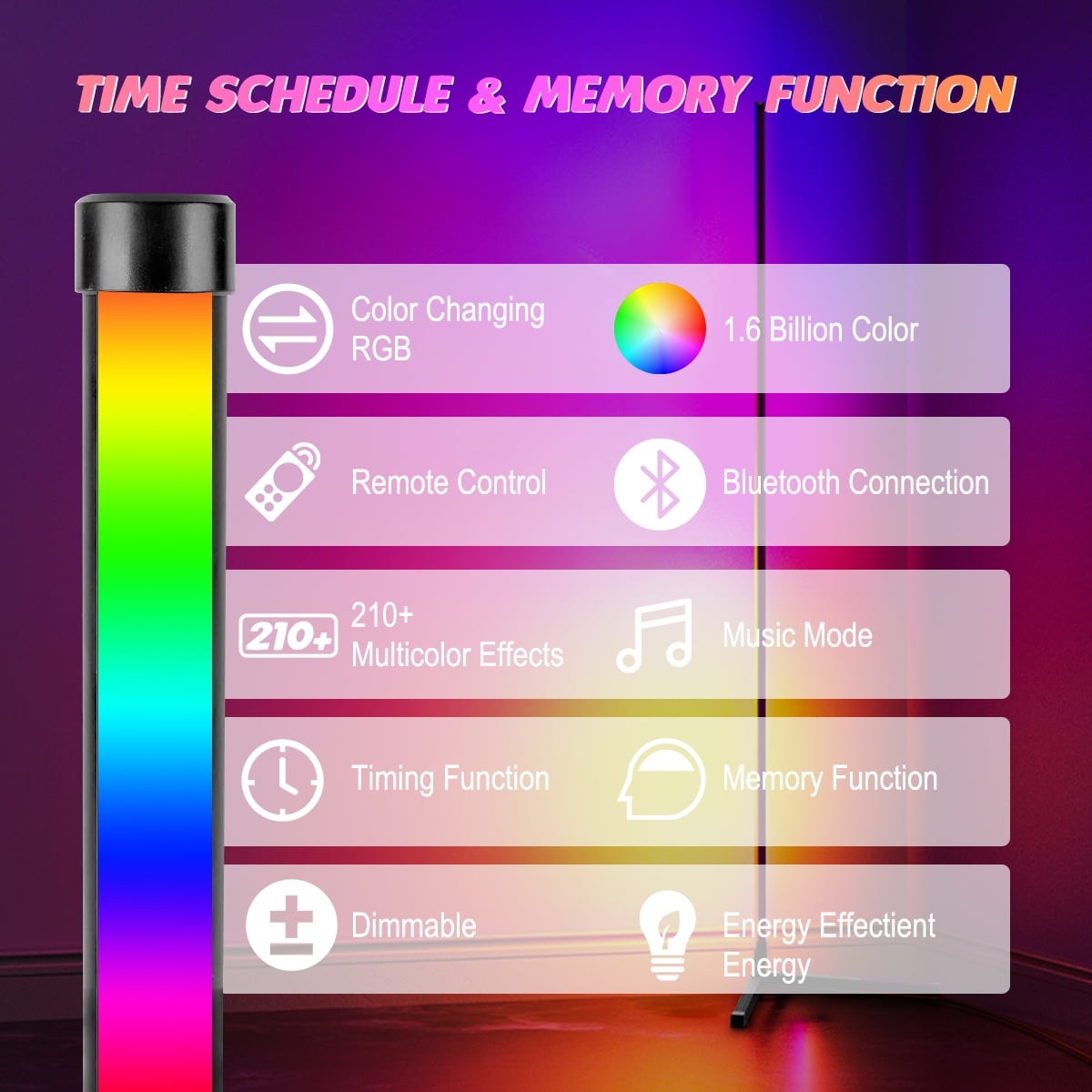 Fisca 62'' Metal RGB Corner Floor Lamps for Living Room and Bedroom, Color Changing LED Lights, APP and Remote Control LED Lamp