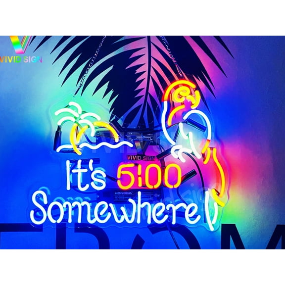 Queen Sense 17" It's 5:00 Somewhere Parrot Palm Tree Neon Sign Acrylic Man Cave Handmade Neon Light 117I5SWPIA2