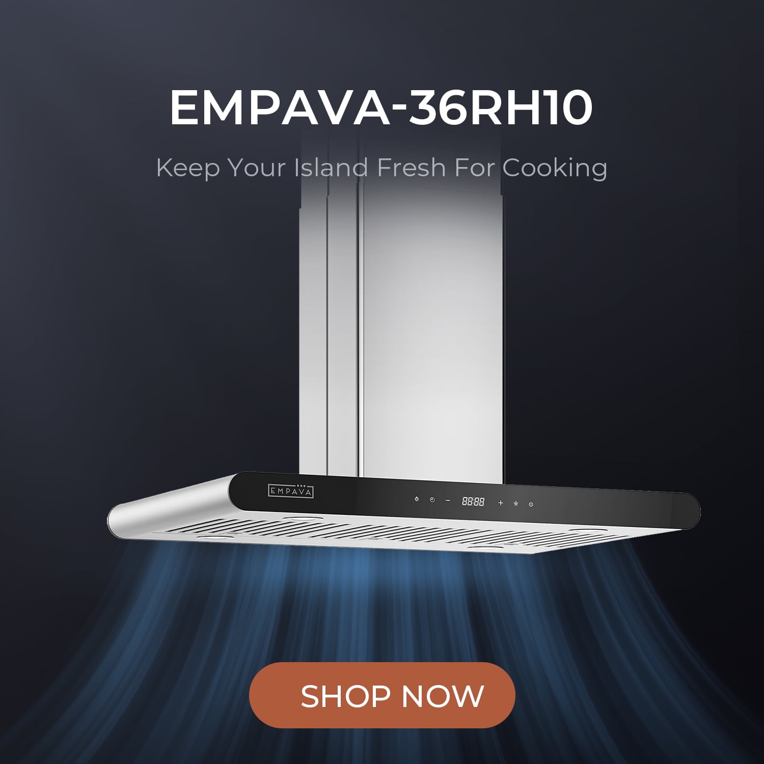Empava 36 in. 400 CFM Island Range Hood - Ducted Exhaust Kitchen Vent - Tempered Glass - Soft Touch Controls - 3 Speed Fan - Permanent Filter - LEDs Light in Stainless Steel