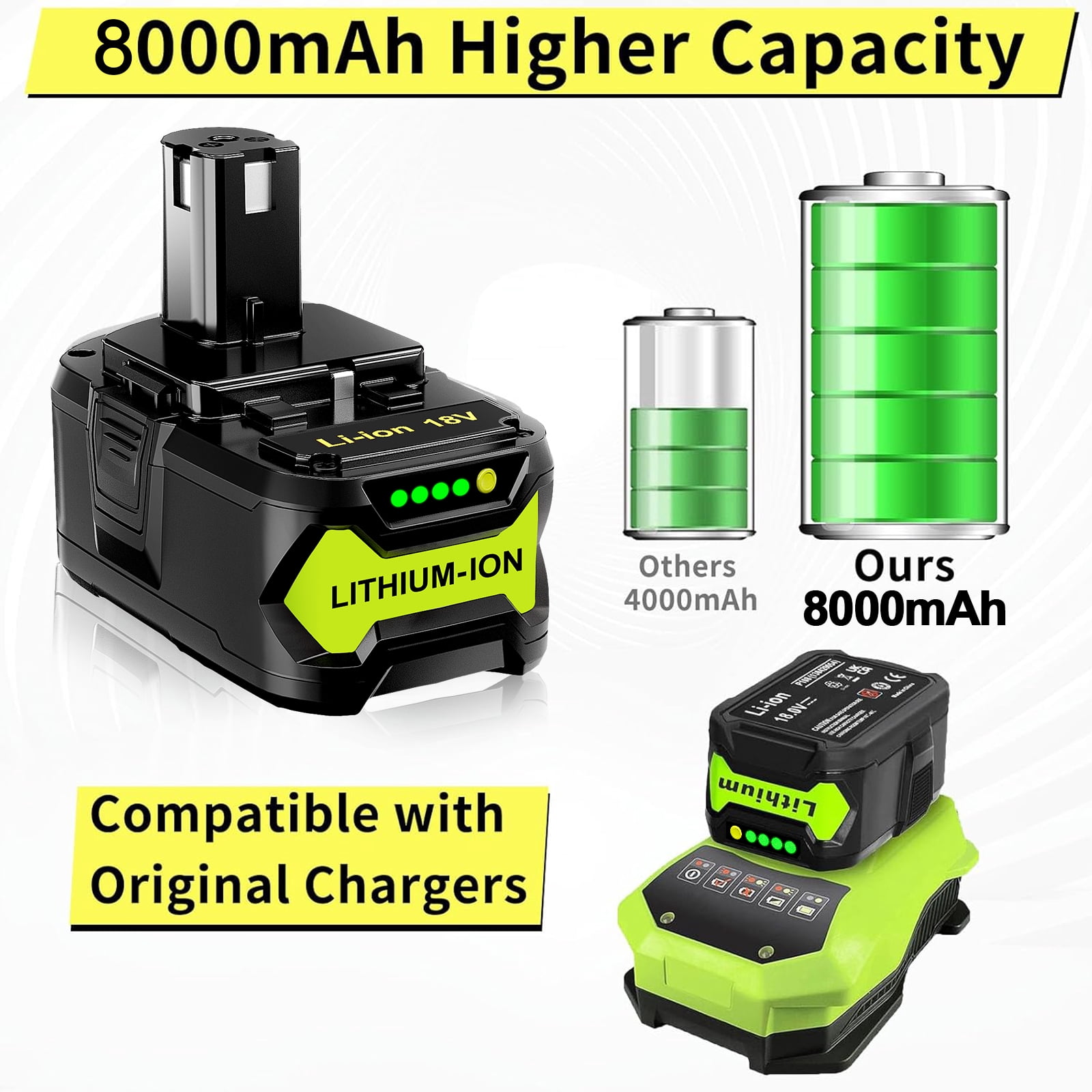 TenHutt 18V 8.0Ah Replacement for Ryobi 18V Battery P102 P103 P105 P107 P108 P109 Compatible with 18V ONE system cordless power tools
