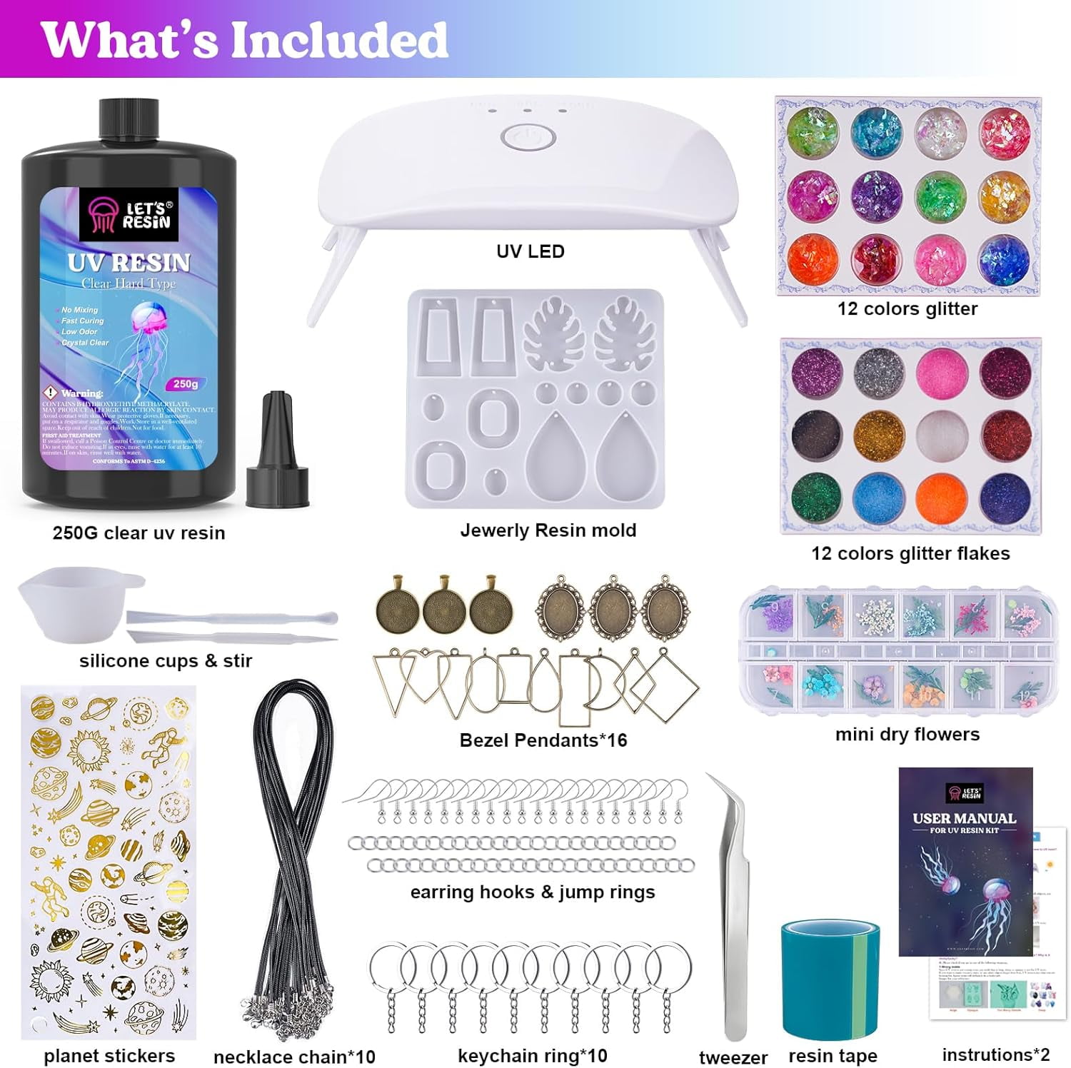 LET'S RESIN All-In-One Jewelry Making Kit - 153Pcs Clear Resin with UV Lamp & Accessories for Keychains & Diy Jewelry, Gift UV Resin for Beginners