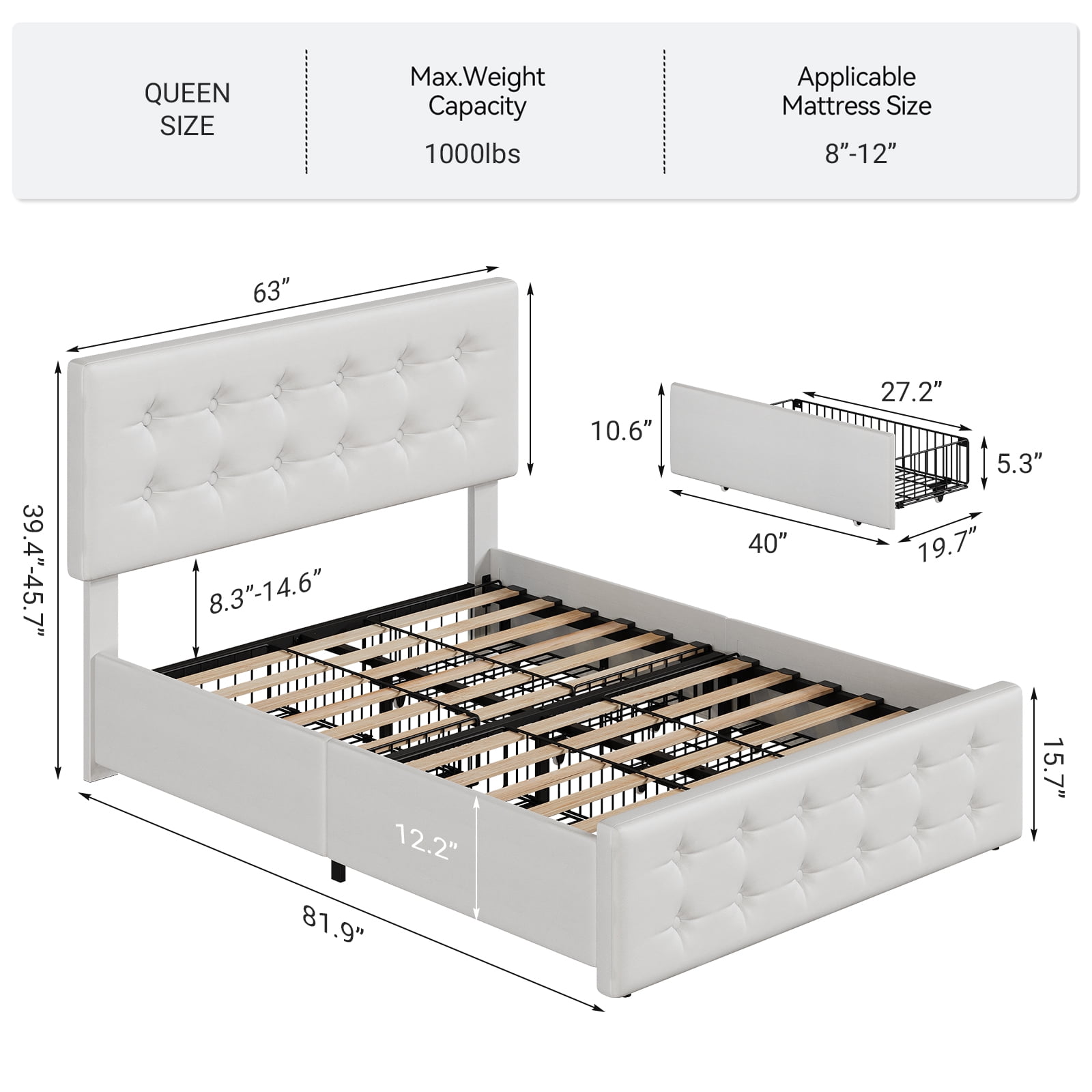 Full/Queen/King Size Upholstered Platform Bed Frame - Adjustable Headboard & 4 Storage Drawers, Button Tufted Design, No Box Spring Needed