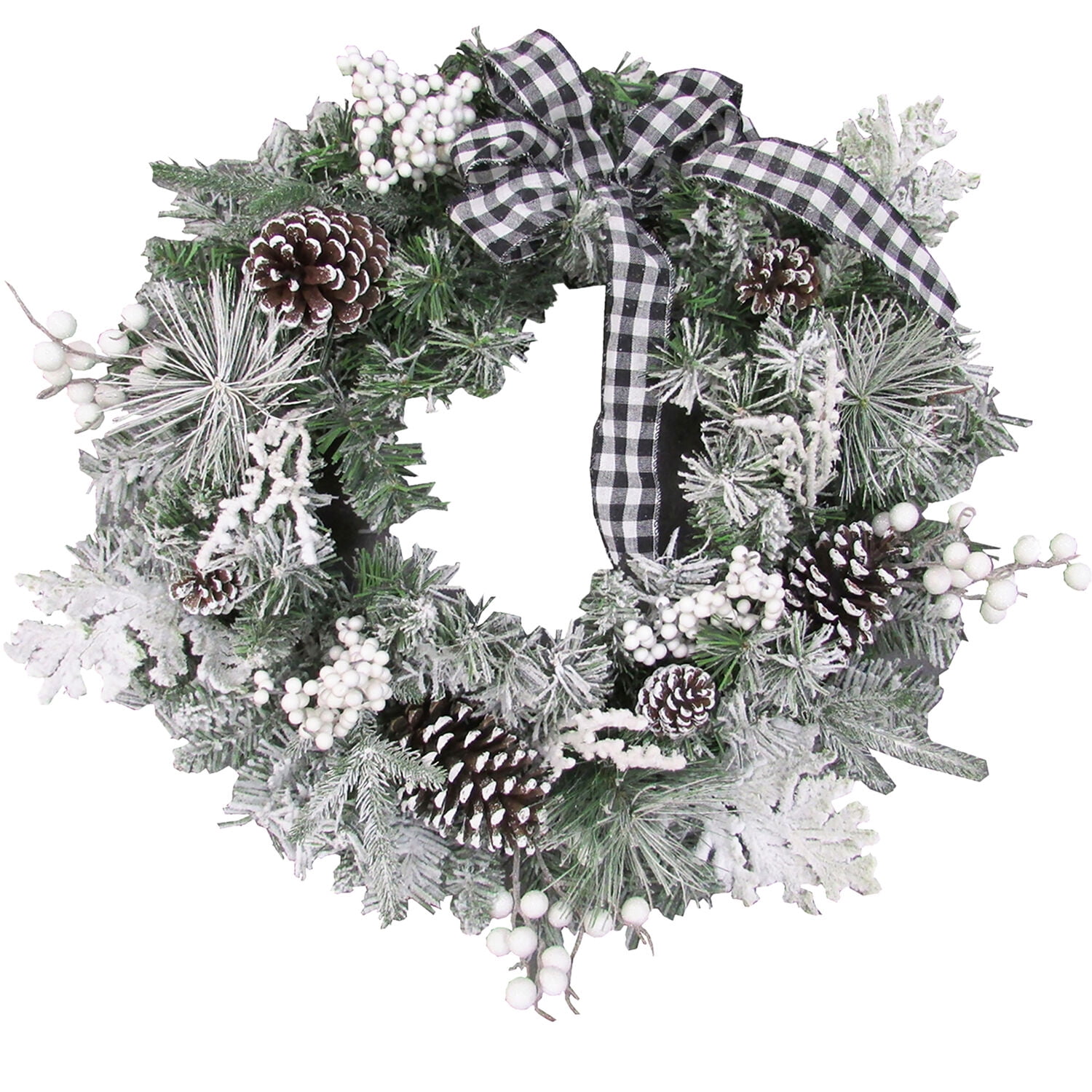 24-Inch Christmas Flocked Pine Wreath With Berries Ornaments Pine Cones Ribbon 