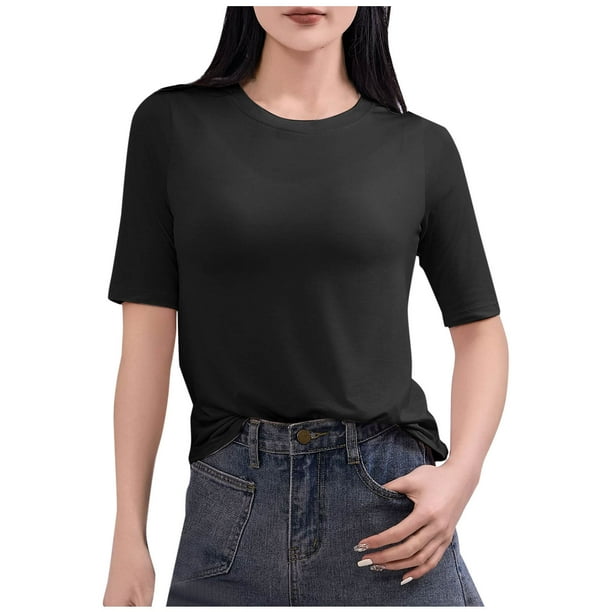 Tops de Manga Corta de Mujer Casual, Color Sólido Manga 1/2, Camiseta de Cuello Redondo