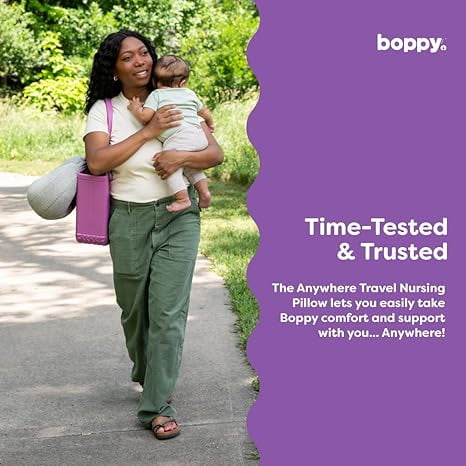 Boppy Anywhere Travel Nursing Pillow - Compact, Ergonomic Bottle & Breastfeeding Pillow with Snap & Loop Hanging Closure and Firm Hypoallergenic Fill, Baby Safety Alliance Verified