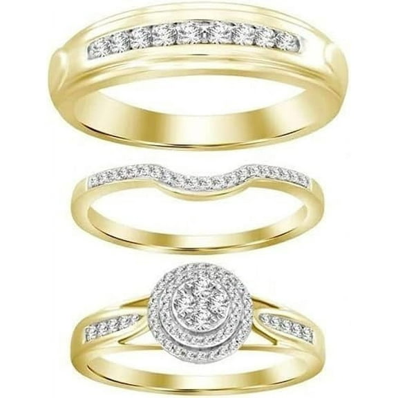 beryl_creation 2.25 Ct Round Cut White Diamond Wedding Engagement Band Trio Ring Set 925 Sterling Silver 14K Yellow Gold Plated For Unisex -7