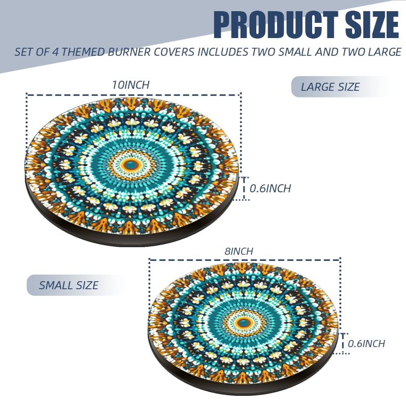 Round Gas Stove Burner Covers, Teal and Orange Mandala in Woven Style Gas Stove Burner Covers Set of 4 for Dining Room Cooktop Decorative, Kitchen Decor, 8 Inches and 10 Inches