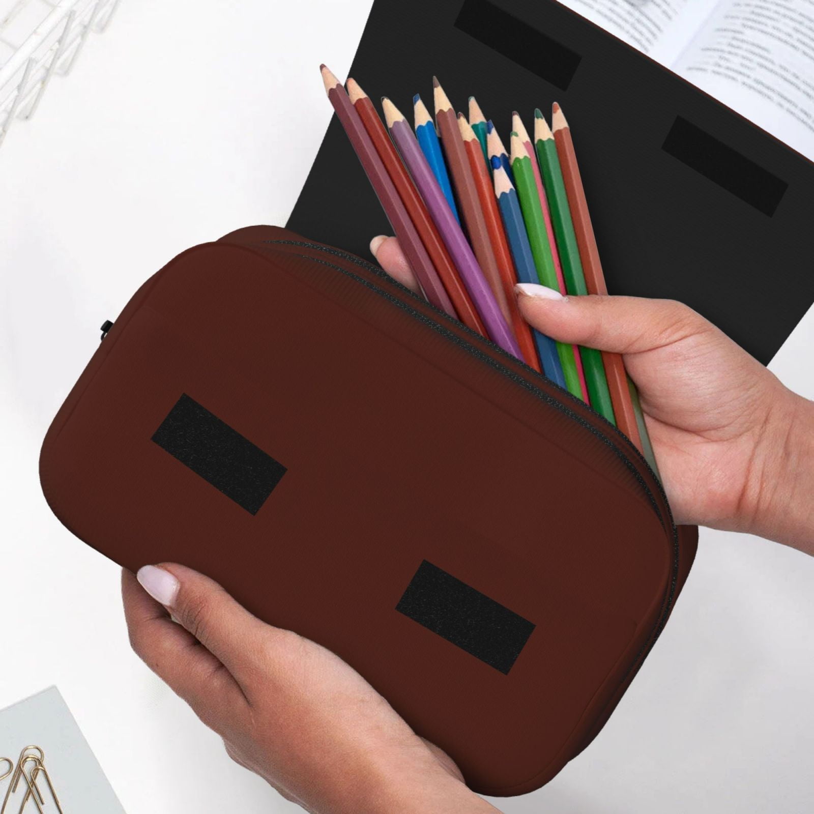 Rateoe Brown Pattern Double Clamshell Pen Case, Storage Organizer with Two Zipper Compartments– Holds Up to 50 Pencils & Pens