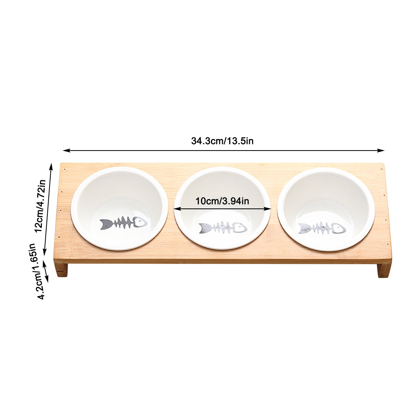 Stylish 3-Bowl Ceramic Cat Feeder with Bamboo Stand, Fishbone Design Elevated Pet Food & Water Station