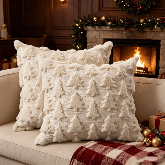 Christmas Tree Pillow Covers 18x18 Set of 2, Beige Winter Decor, Soft Plush Faux Fur Jacquard for Sofa Bed