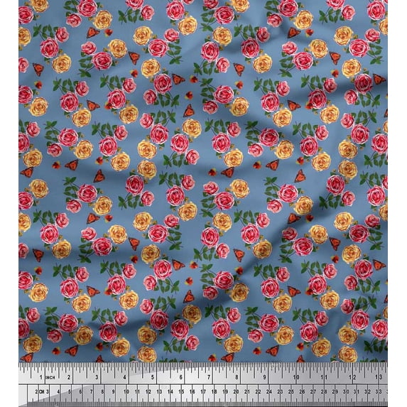 Soimoi Cotton Jersey Fabric Buttefly,Leaves & Rose Floral Fabric Prints By Yard 58 Inch Wide