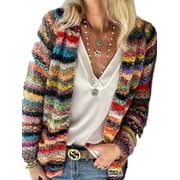 CenturyX Womens Rainbow Cardigan Sweater Long Sleeve Multicolor Striped Sweater Open Front Knitwear Coat Y2K Streetwear Blue XXXL