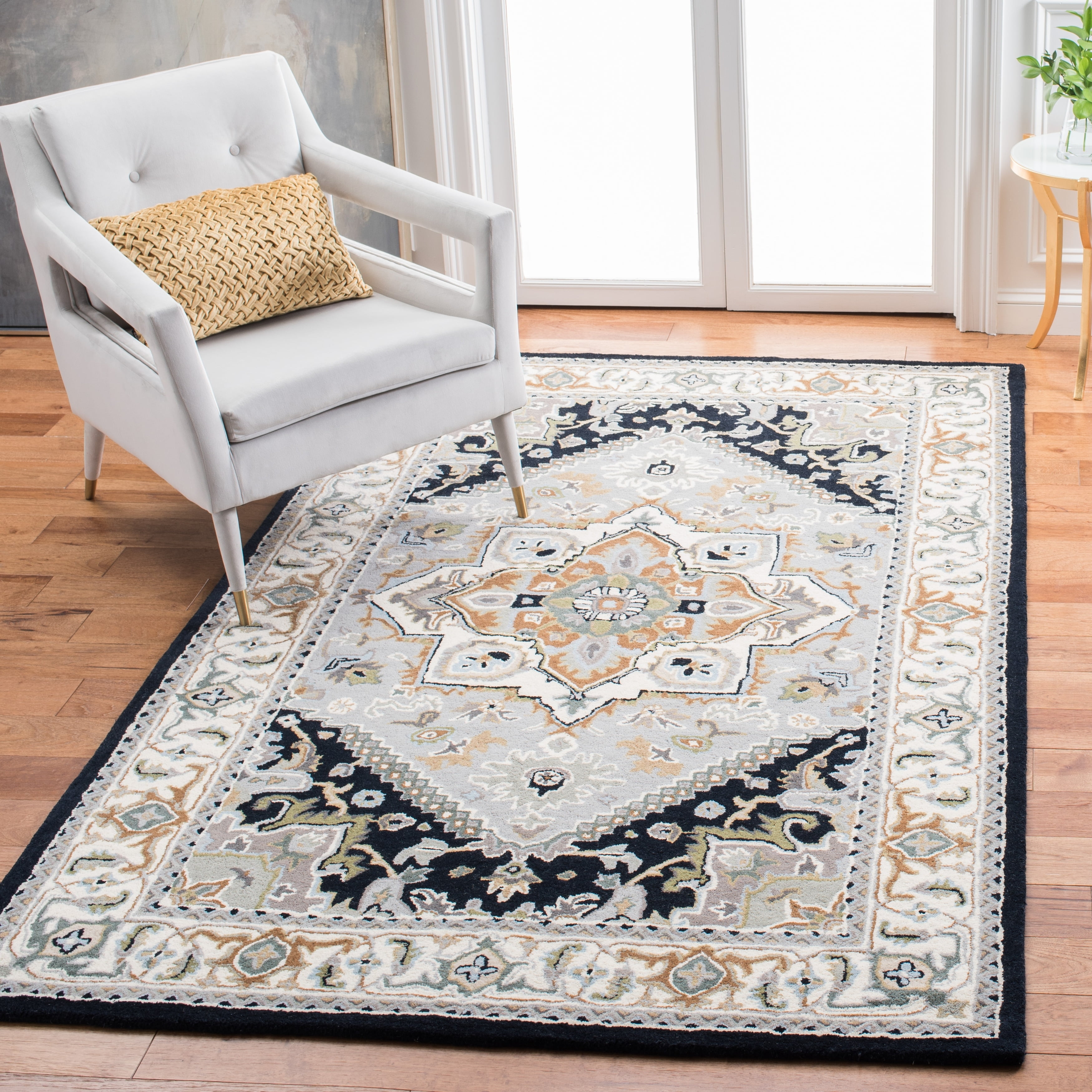 Patterned Rug Persian Yellow Gold Wool Polyester Handcrafted Oriental