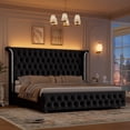 thumbnail image 3 of Hiphuta Full Bed with LED Light, Full Size Platform Bed with Button Tufted Velvet Upholstered Headboard, Black, 3 of 8