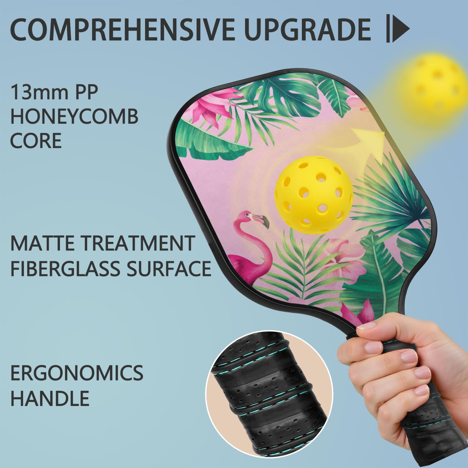 Pickleball Paddles Set Of 1, Fiberglass Surface, Tropical Leaf Print, 1 Paddle, 2 Balls & Bag
