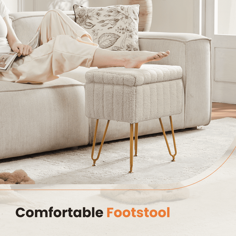 Gianna Square Ottoman with Storage, Makeup Cute Soft Small Footstool, Modern Style Faux Fur Seat with 4 Metal Legs & Adjustable Feet for Dressing, Living Room Bedroom Dorm, Camel
