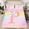 thumbnail image 2 of Homewish Kawaii Girls Letter P Twin Sheet Sets for Kid, Cartoon Monogrammed Twin Fitted Sheet, Bling Stars Rainbow Flat Sheet, Super Cozy Room Decor, 3pcs, 2 of 7