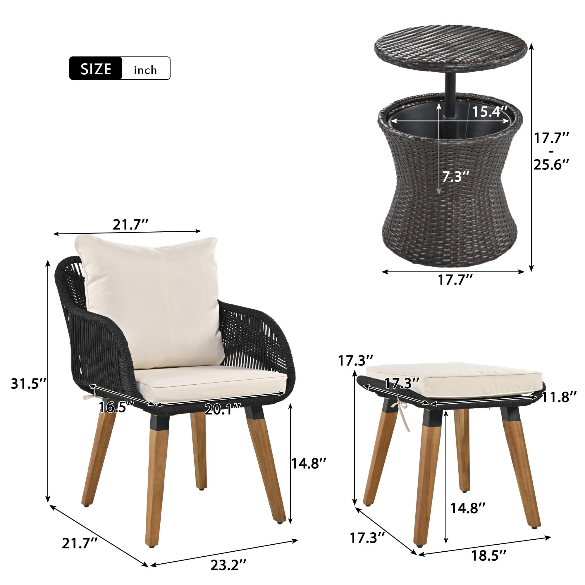 AENKYO 5-Piece Outdoor Rope Woven Patio Conversation Set with Pop-Up Cooler Bar Table, Black Rope with Off-White Cushions