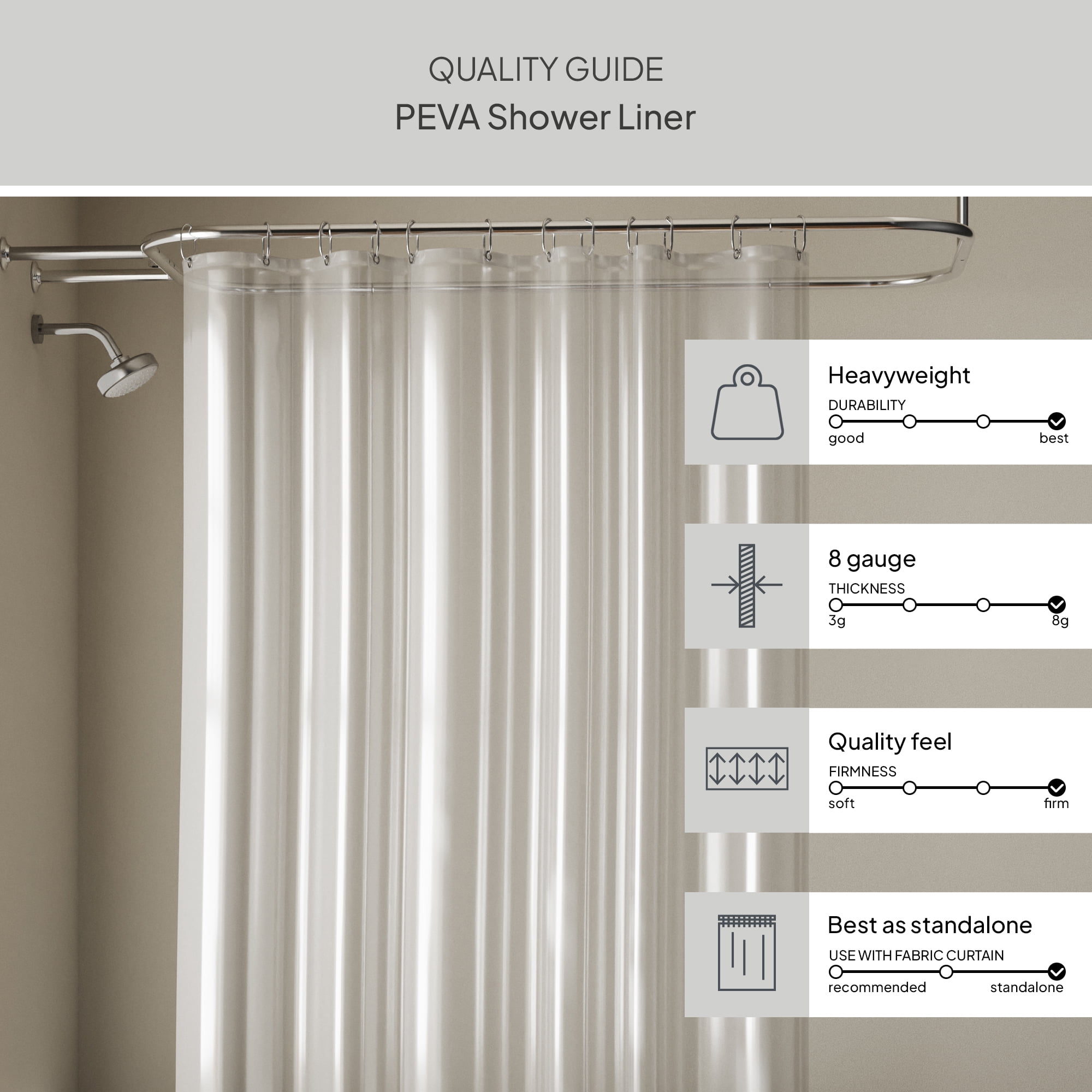 Better Homes & Gardens Extra Long Heavyweight PEVA Shower Liner, 70" W x 78" H, Clear