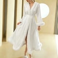thumbnail image 4 of Wensltd Women Long Fluffy Trim Bath Robe Solid Soft Lightweight Comfy Loose V Neck Nightwear Set, 4 of 5