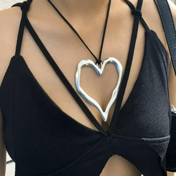 K-KED Exaggerated Large Heart Pendant Necklace Statement Fashion Delicate Jewelry for Women-Silver