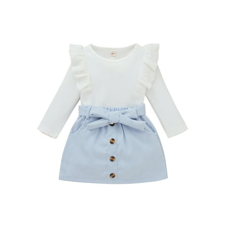 

JYYYBF 1-3Years Toddler Baby Girl Skirt Outfit Ribbed Ruffle Sleeve Sweater Button Corduroy Pencil Skirt 2Pcs Sets Blue 6-9 Months