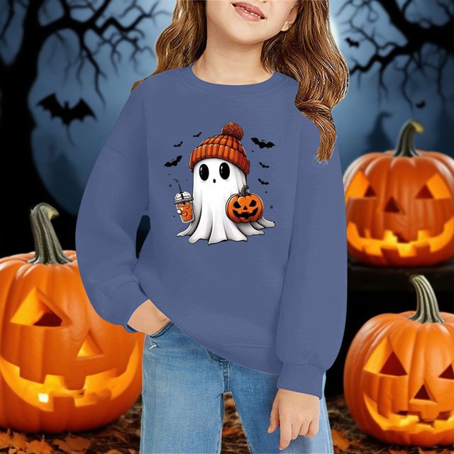 Chandail à Manches Longues à Col Rond Imprimé 2D d'Halloween Décontracté et Tendance pour Enfants Bleu Marine