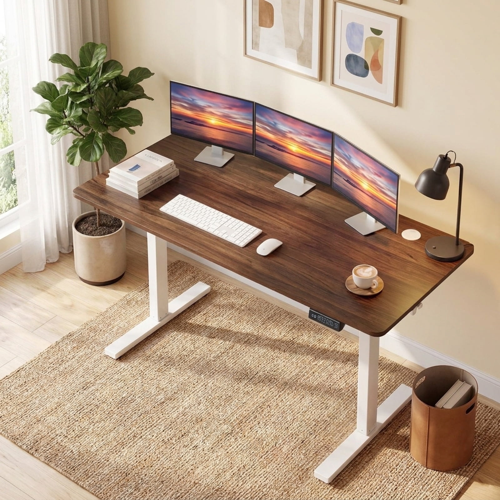 Furnibear 63 x 24 Inch Height Adjustable Sit Stand Computer Desk with 3 Memory Presets for Home Office Study Computer Writing Workstation, Grey