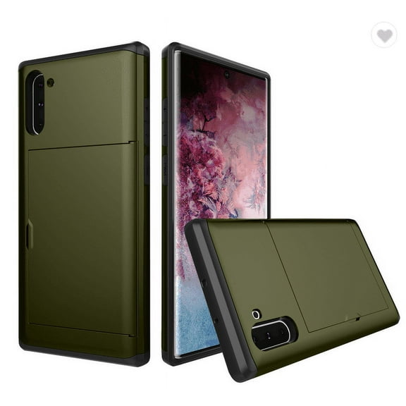 Card Slot Holder Wallet Samsung Galaxy Note 10 Case (Dark Green) Dual Layer Shockproof with Heavy Duty Protection