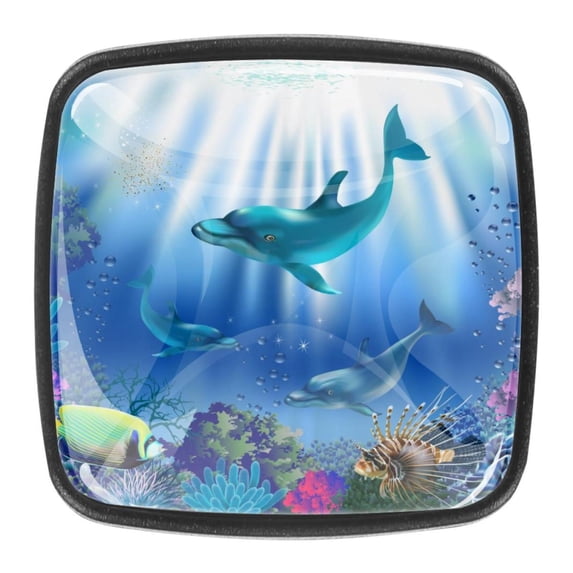 4 Pcs Square Cabinet Handle Cupboard Knob Drawer Pulls Handle Underwater World Dolphins Drawer Knobs with Screws Furniture Decoration