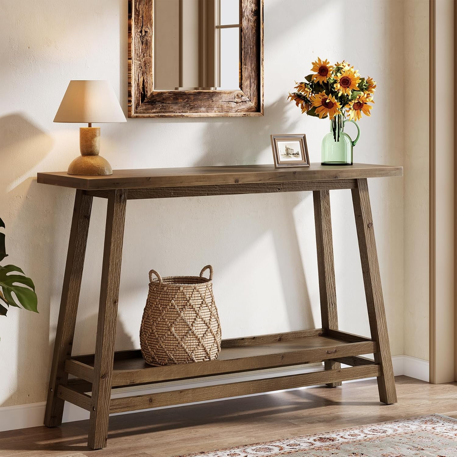 Tribesigns 41.3" Farmhouse Console Table, Solid Wood Entryway Table with Storage Shelf for Living Room, Hallway, Foyer, Easy Assembly, Brown