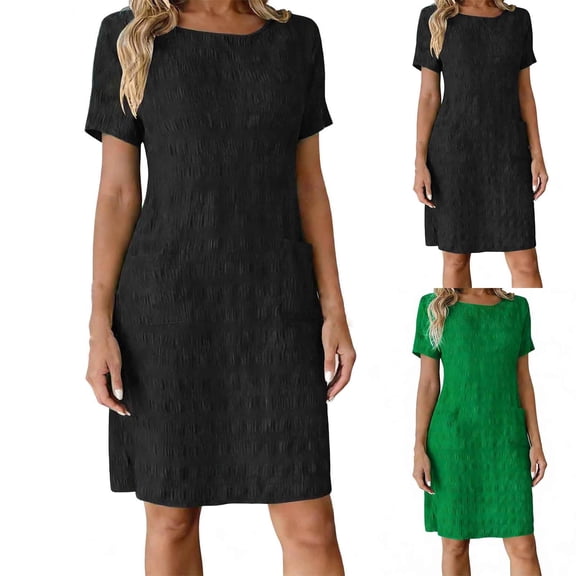 Lovzfmll T-Shirt Dress for Women, Crew Neck Short Sleeve with Pocket, Casual Mid-Length Dress Black, S