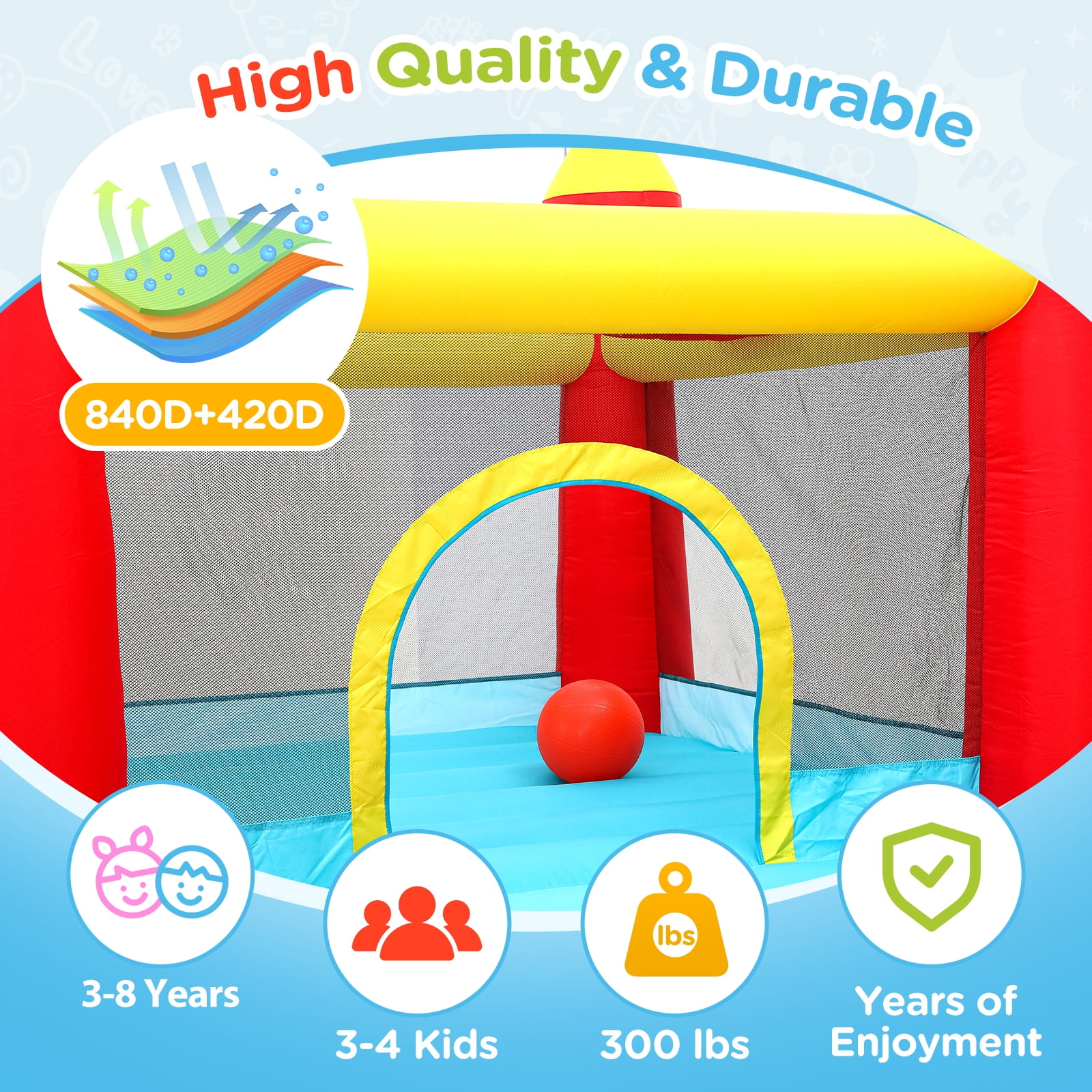 Toiyjofe Inflatable Bounce House with Slide & Ball Pit, Kids Bouncy Castle with Blower, Backyard Play Center for Kids 3-6, Indoor Outdoor Party Use
