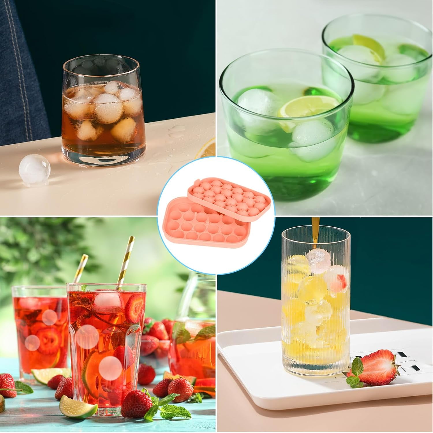Ice Cube Tray for Freezer, 2 Pack Silicone Ice Balls Maker with Lid BPA Free Easy-Release Ice Cube Molds, DIY Homemade Round Ice Cubes for Whiskey, Cocktails, Coffee (Pink)