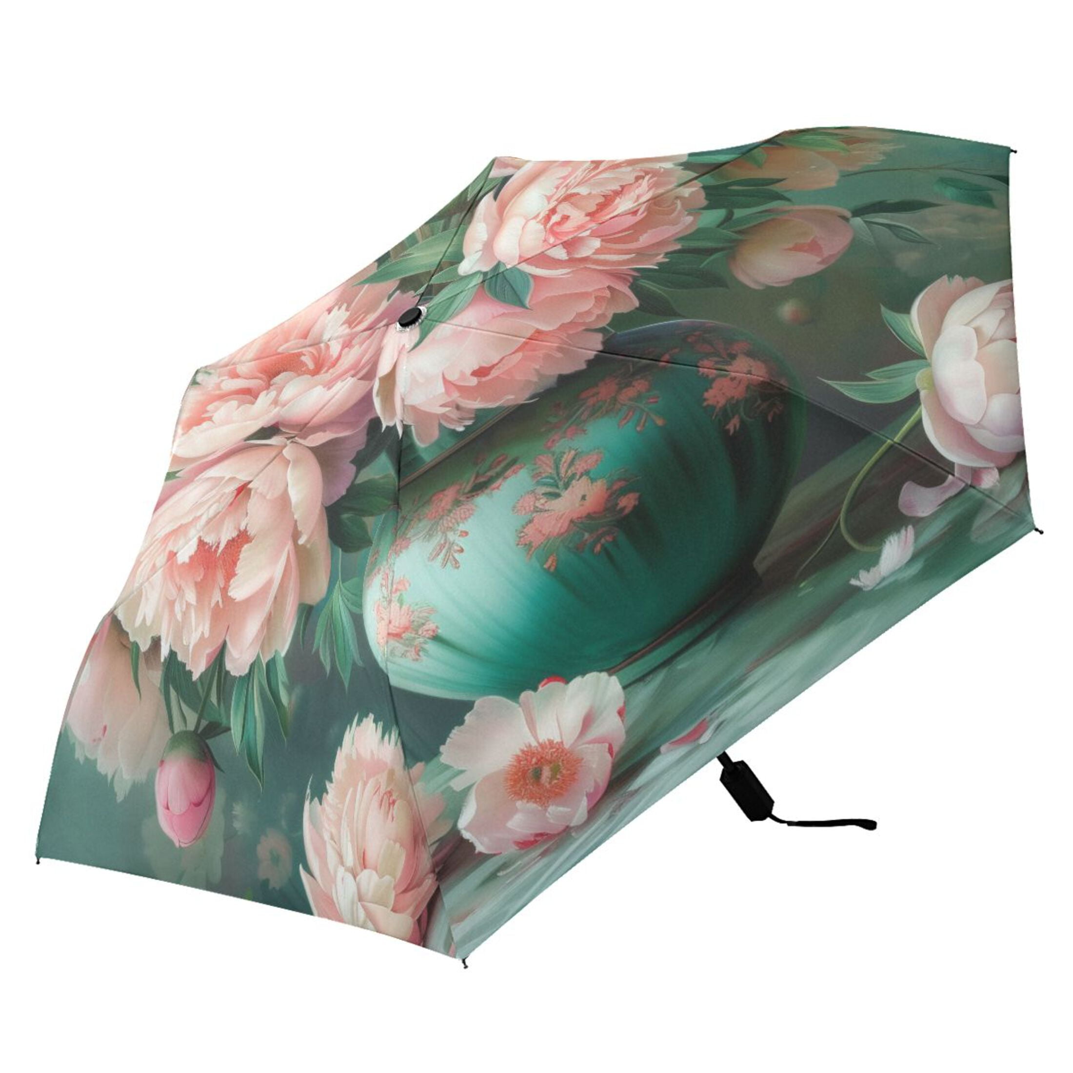 Compact Sun Umbrella Windproof Travel Umbrellas for Rain Strong Portable UV Protection Peonies Bouquet in Vases