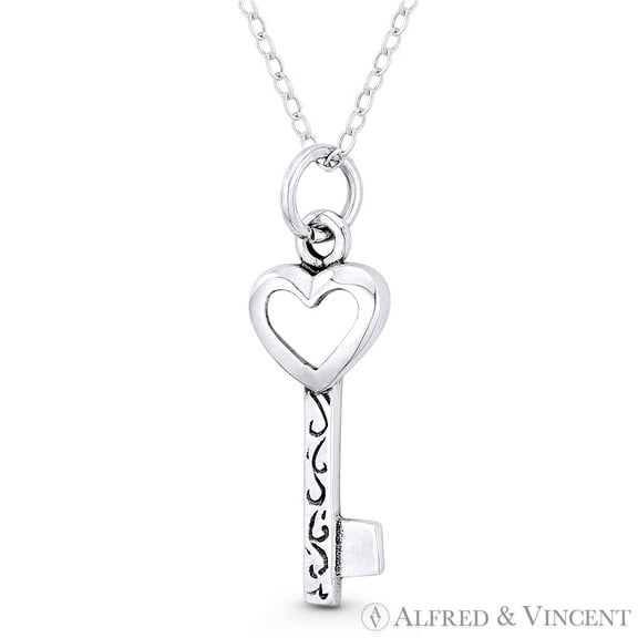 Key w/ Heart Bow Love Charm Pendant & Chain Necklace in Oxidized .925 Sterling Silver