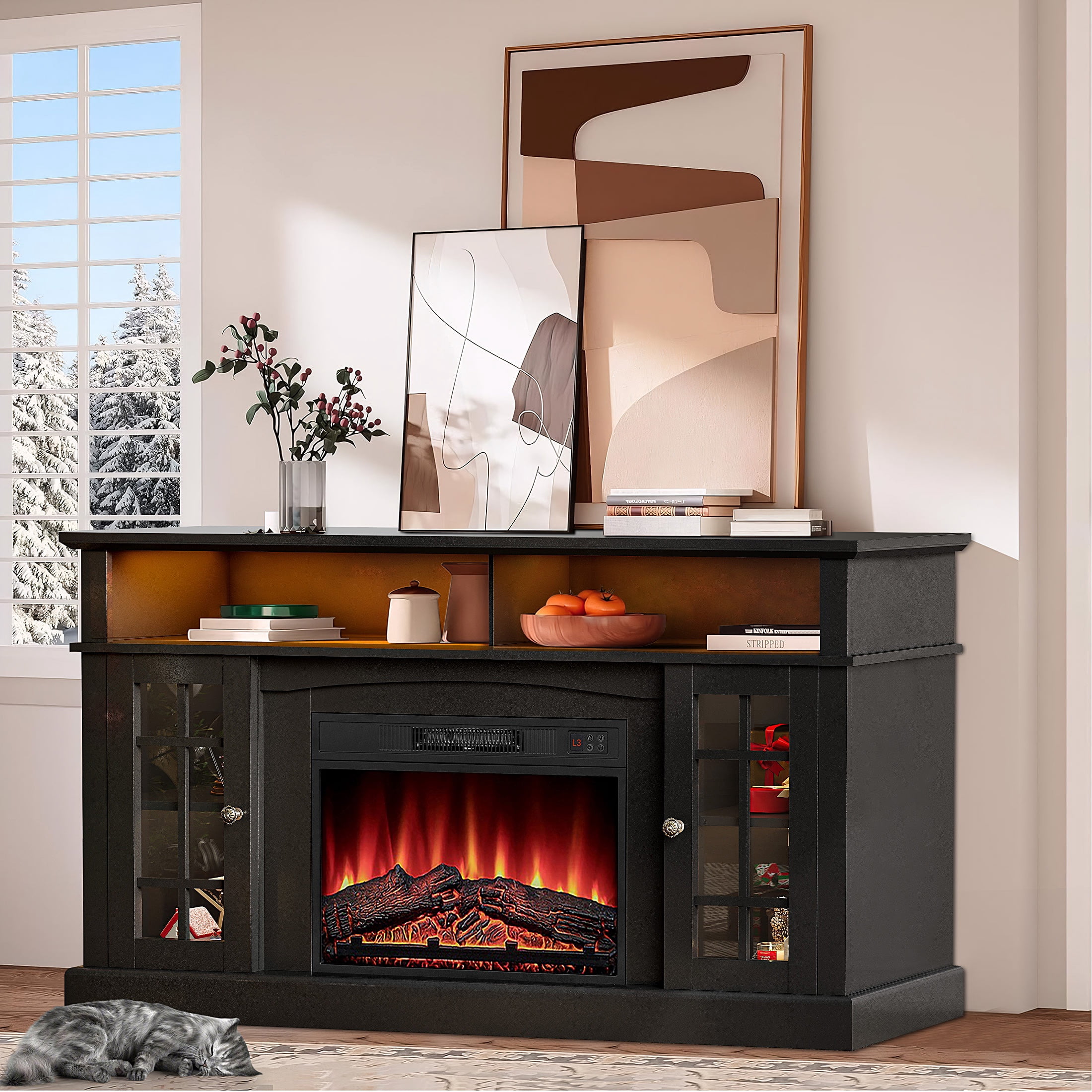 SESSLIFE Fireplace TV Stand for 65 Inch TV, TV Console with 23''Electric Fireplace, Entertainment Center Television Table for Living Room or Bedroom, Dark Gray