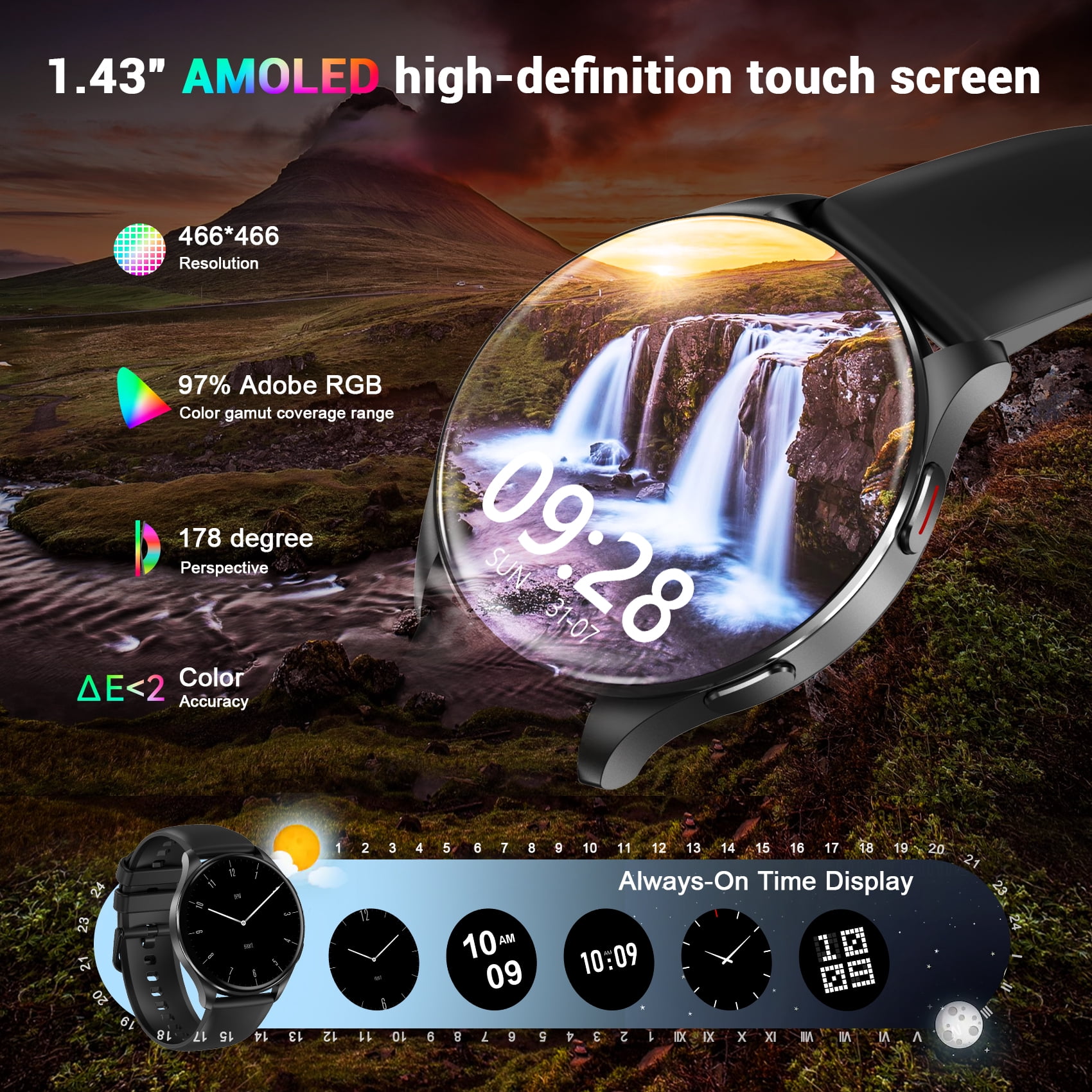 Blackview Smart Watch for Men, 1.43" AMOLED Fitness Tracker Watch with Bluetooth Call, 100+ Sports Modes, AI Voice Assistant, 2 Straps, Waterproof Smartwatch for Android iPhone,Black